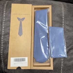 Gollate Mens Solid Linen Self Tie and Pocket Square Set Harbour Blue